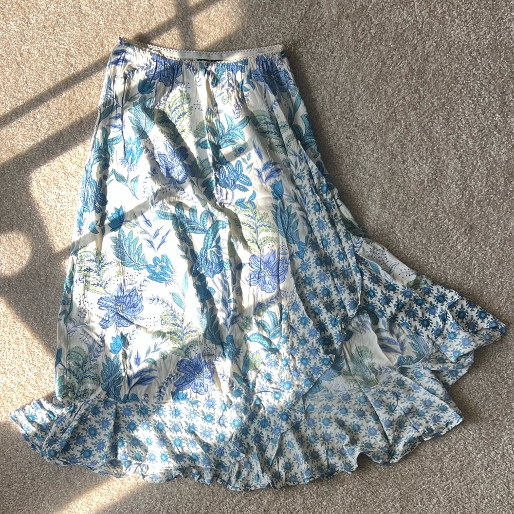 Angie Blue and White Maxi Skirt Asymmetrical Ruffled A-Line